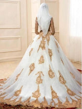 Load image into Gallery viewer, Luxury Multi Cultural Ceremonial Bridal Dress High Neck 3/4 Sleeves Gold Appliques Custom Made Very Elegant
