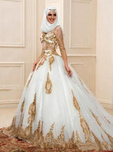 Load image into Gallery viewer, Luxury Multi Cultural Ceremonial Bridal Dress High Neck 3/4 Sleeves Gold Appliques Custom Made Very Elegant