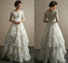 Load image into Gallery viewer, Vintage Wedding Dress With Half Sleeves Organza Appliques And Lots Of Floor Length Ruffles In Skirt