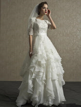 Load image into Gallery viewer, Vintage Wedding Dress With Half Sleeves Organza Appliques And Lots Of Floor Length Ruffles In Skirt