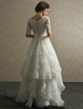 Load image into Gallery viewer, Vintage Wedding Dress With Half Sleeves Organza Appliques And Lots Of Floor Length Ruffles In Skirt