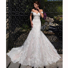 Load image into Gallery viewer, Custom Made Off the Shoulder Mermaid Wedding Dress With Sweep Train And Beautiful Lace Appliques
