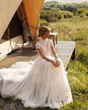 Load image into Gallery viewer, Vintage Boho Wedding Dress Features Lace Tulle High Neck And Cap Sleeves