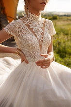 Load image into Gallery viewer, Vintage Boho Wedding Dress Features Lace Tulle High Neck And Cap Sleeves