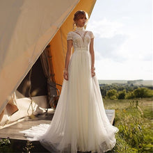 Load image into Gallery viewer, Vintage Boho Wedding Dress Features Lace Tulle High Neck And Cap Sleeves