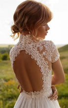 Load image into Gallery viewer, Vintage Boho Wedding Dress Features Lace Tulle High Neck And Cap Sleeves