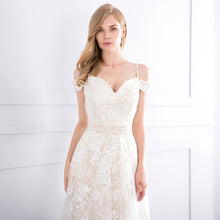 Load image into Gallery viewer, Fabulous A-Line Champagne Wedding Dress Features Court Train  Appliques Lace And Beading