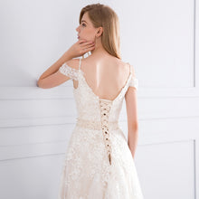 Load image into Gallery viewer, Fabulous A-Line Champagne Wedding Dress Features Court Train  Appliques Lace And Beading