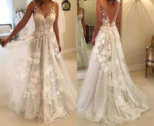 Load image into Gallery viewer, Simple Yet Sexy Wedding Dress With Long V Neck And Deep V Back Light And Airey