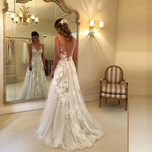 Load image into Gallery viewer, Simple Yet Sexy Wedding Dress With Long V Neck And Deep V Back Light And Airey