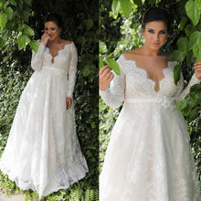 Load image into Gallery viewer, Plus size Lace Wed Dress Long-sleeves  A-line Elegant belt with flowers - A Thrifty Bride Shop