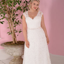 Load image into Gallery viewer, Beautiful  Bridal Dress Plus Size with Cap Sleeves and Beaded Sash Free Shipping - A Thrifty Bride Shop