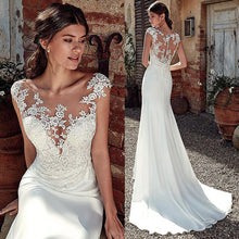 Load image into Gallery viewer, The Sales Rack-Modest Soft Satin Bateau Neckline Mermaid Bridal Dress With Lace Appliques And Sheer Illusion Back - A Thrifty Bride Shop
