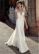 Load image into Gallery viewer, The Sales Rack-Modest Soft Satin Bateau Neckline Mermaid Bridal Dress With Lace Appliques And Sheer Illusion Back - A Thrifty Bride Shop