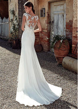 Load image into Gallery viewer, The Sales Rack-Modest Soft Satin Bateau Neckline Mermaid Bridal Dress With Lace Appliques And Sheer Illusion Back - A Thrifty Bride Shop