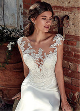 Load image into Gallery viewer, The Sales Rack-Modest Soft Satin Bateau Neckline Mermaid Bridal Dress With Lace Appliques And Sheer Illusion Back - A Thrifty Bride Shop