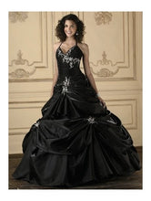 Load image into Gallery viewer, Gothic Antique Black Bridal Gown Made In Taffeta With Halter Corset Embroidered Free Shipping - A Thrifty Bride Shop