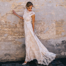 Load image into Gallery viewer, The Sales Rack-Vintage Champagne Lace Bohemian Bride Dress A Line Cap Sleeve With Sexy Back - A Thrifty Bride Shop