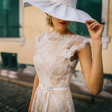 Load image into Gallery viewer, The Sales Rack-Vintage Champagne Lace Bohemian Bride Dress A Line Cap Sleeve With Sexy Back - A Thrifty Bride Shop