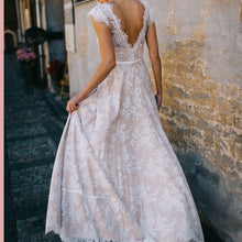 Load image into Gallery viewer, The Sales Rack-Vintage Champagne Lace Bohemian Bride Dress A Line Cap Sleeve With Sexy Back - A Thrifty Bride Shop