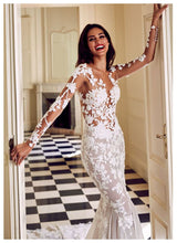 Load image into Gallery viewer, Stunning Mermaid Wedding Dress with Long Sleeves Appliques See Through White Ivory Very Sexy Also Features Sweep Train
