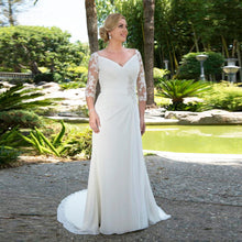 Load image into Gallery viewer, Modest Plus Size Wed Bridal  Custom Made Beaded V-neck Chiffon Gown with 3/4 Sleeves Robe de Mariee - A Thrifty Bride Shop