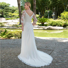 Load image into Gallery viewer, Modest Plus Size Wed Bridal  Custom Made Beaded V-neck Chiffon Gown with 3/4 Sleeves Robe de Mariee - A Thrifty Bride Shop
