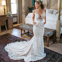 Load image into Gallery viewer, Gorgeous Deep V-neck Lace Mermaid Bridal Dress Custom Made Robe de Mariee Backless Long Train - A Thrifty Bride Shop