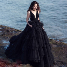 Load image into Gallery viewer, Stunning Gothic Backless Bridal  Dress With Tulle Tiered  Ball Gown Skirt And Deep V-neck - A Thrifty Bride Shop
