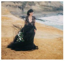 Load image into Gallery viewer, Sexy Goth Bride Black Bridal Dress Top Lace Chiffon Tons Of Tulle Skirt Bottom