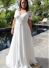 Load image into Gallery viewer, Brilliant Tulle &amp; Chiffon V-Neck A-line Plus Size Bridal Dress With Beaded Lace Appliques Floor Length - A Thrifty Bride Shop