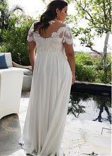Load image into Gallery viewer, Brilliant Tulle &amp; Chiffon V-Neck A-line Plus Size Bridal Dress With Beaded Lace Appliques Floor Length - A Thrifty Bride Shop