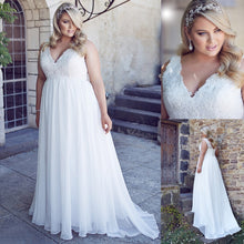Load image into Gallery viewer, Chiffon Applique Lace Plus Size Beach Bridal Dress Corset Back Gown With Court Train - A Thrifty Bride Shop