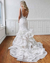Load image into Gallery viewer, Sexy Mermaid Lace Backless Wedding Dress Deep V Neck &amp; Ruffled Skirt - A Thrifty Bride Shop
