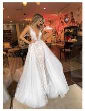 Load image into Gallery viewer, Sexy Illusion  Wedding Dress With  Long Train Deep V Neck And Low Back Lots Of Appliques