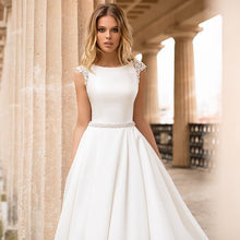 Load image into Gallery viewer, Lovely Satin Wedding Dress With Cap Sleeves And Lace Appliques - A Thrifty Bride Shop